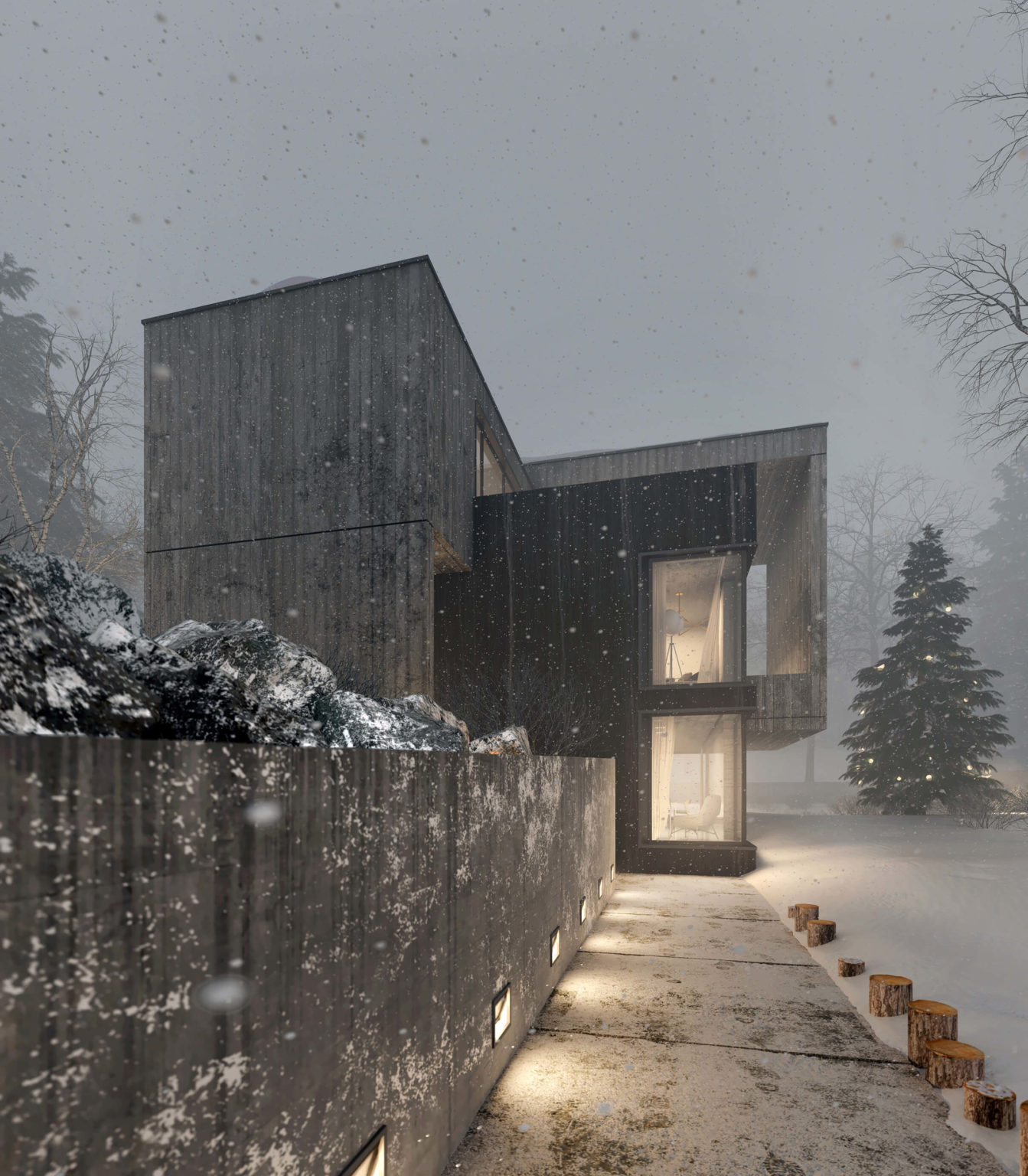 widok na nowoczesny dom z betonu