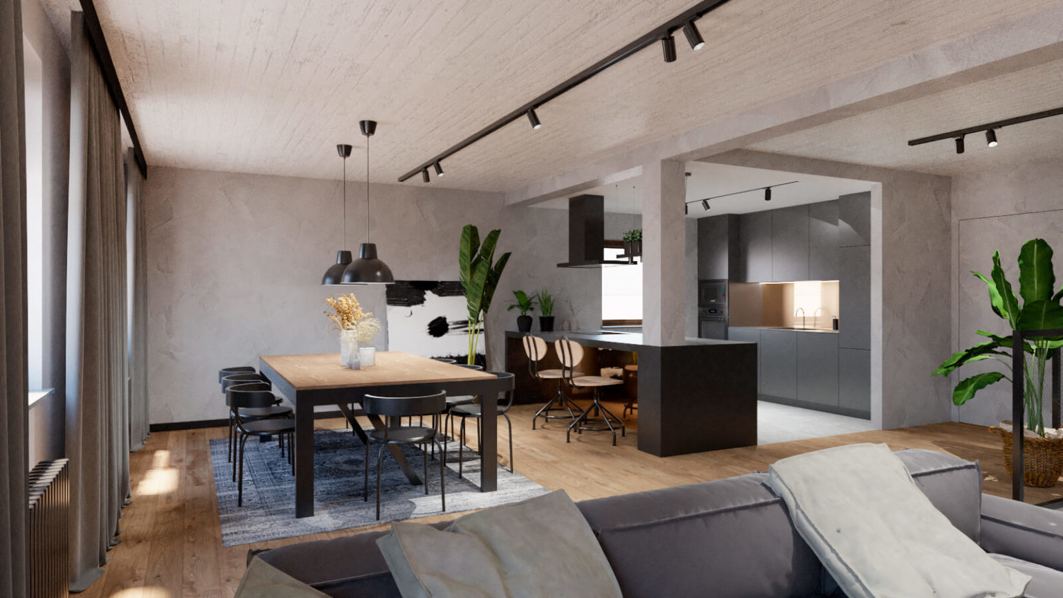 widok na ściany pokryte betonem architektonicznym oraz dużą wyspę kuchenną w domu jednorodzinnym