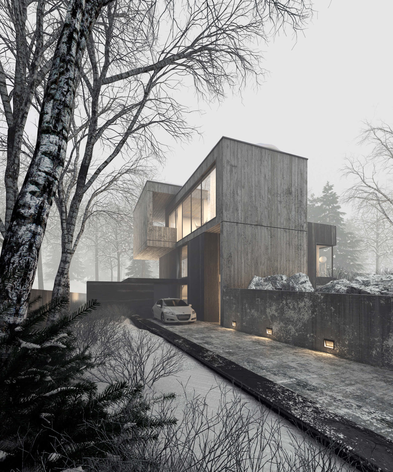 widok na nowoczesny dom z betonu