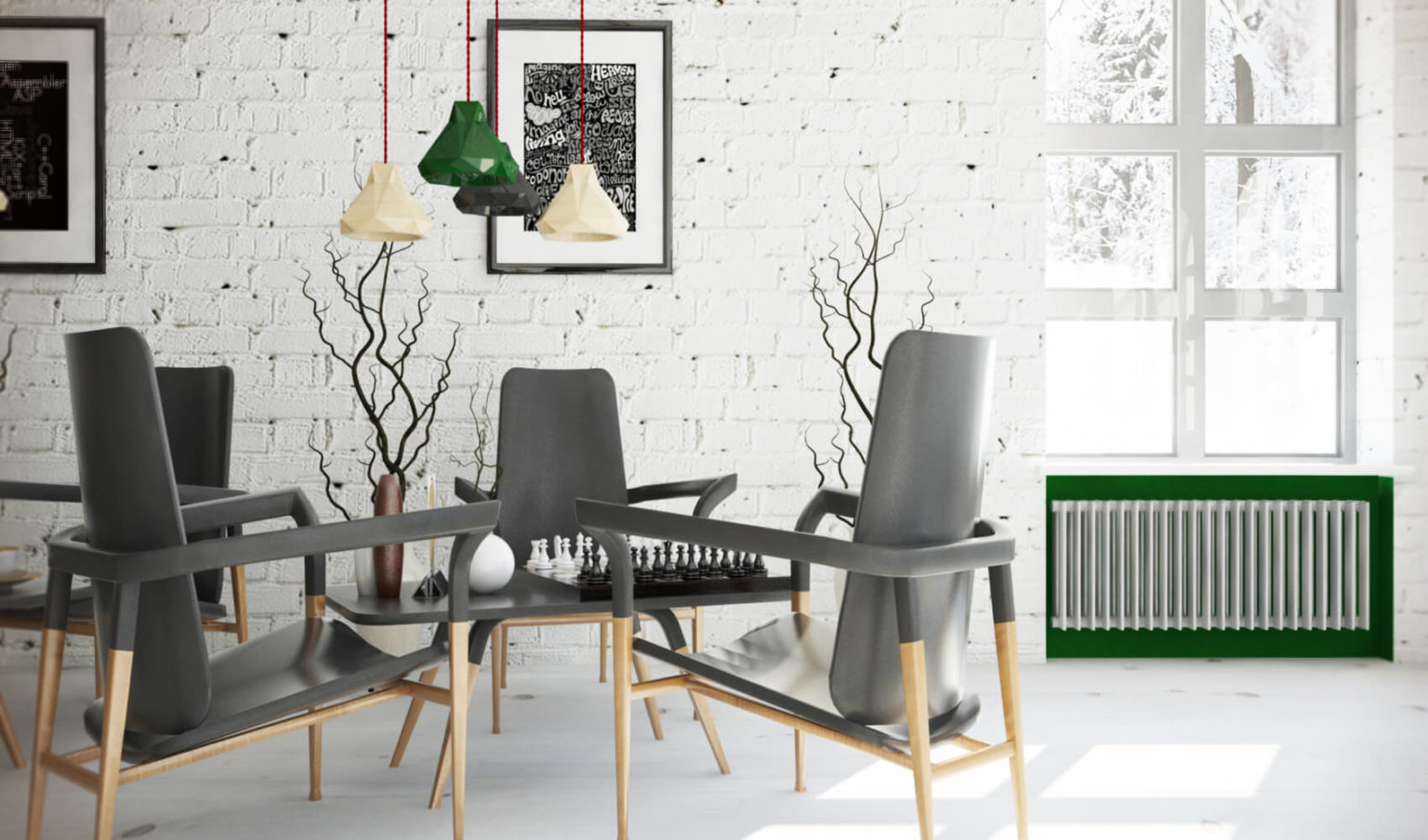 widok wnętrza z designerskimi krzesłami
