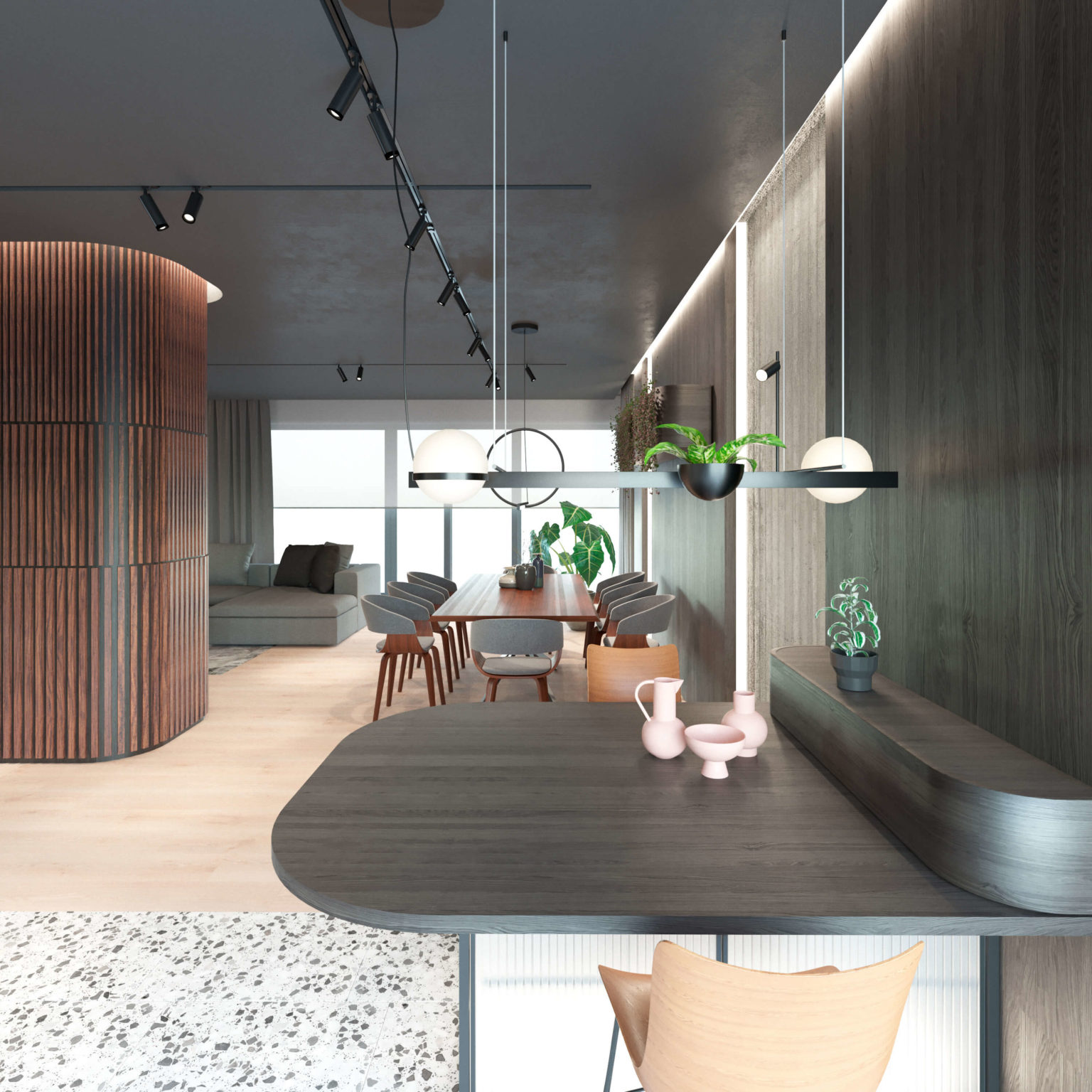 widok na jadalnie i salon projekt wnętrza